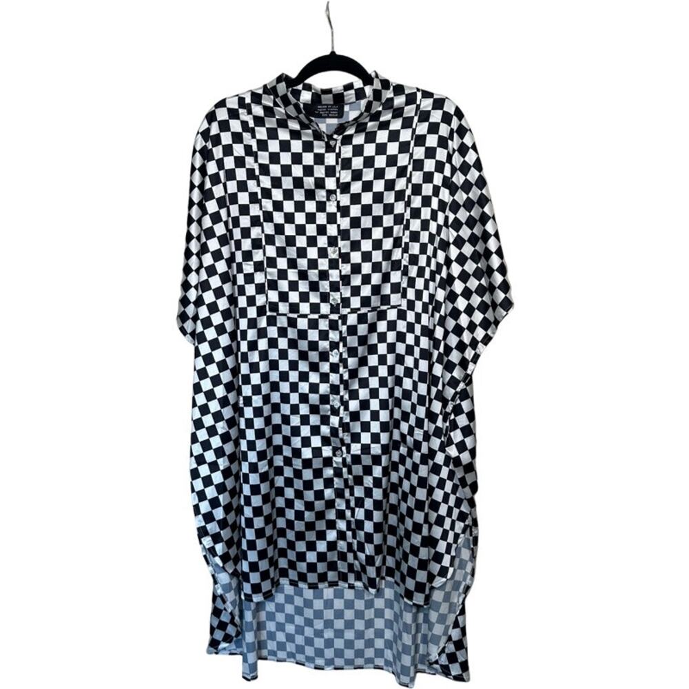 Dressed in LALA Checkered Silky Tunic Button up Size MEDIUM